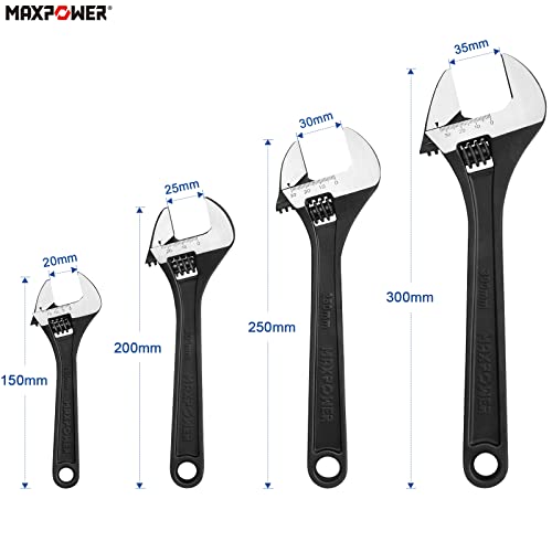 MAXPOWER Adjustable Spanner Set, 4PCs Adjustable Wrench Set, Black - 150mm, 200mm, 250mm and 300mm