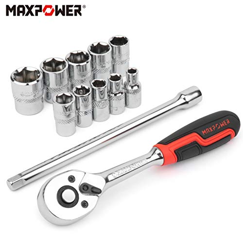 MAXPOWER 12-Pieces Metric Drive Socket Set with 72-Teeth 1/4'' Quick-Release Ratchet Wrench Handle, 6”/150mm Extension Bar and Organizer Rack Included