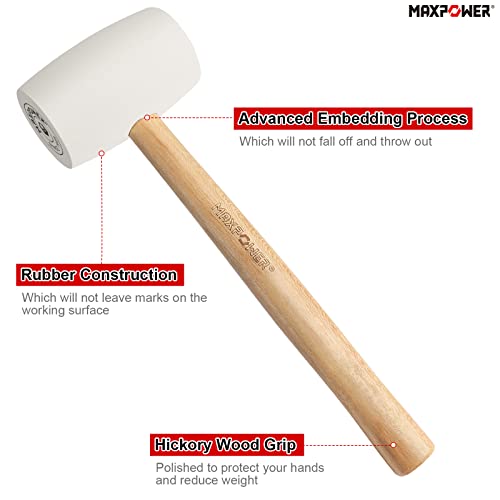 Rubber Mallet 24Oz (680g), MAXPOWER Soft Rubber Hammer Tile Mallet with Hickory Handle and Soft Face for Installation Marble Tile, White