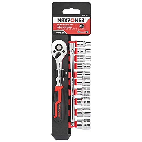 MAXPOWER 12-Pieces Metric Drive Socket Set with 72-Teeth 1/4'' Quick-Release Ratchet Wrench Handle, 6”/150mm Extension Bar and Organizer Rack Included