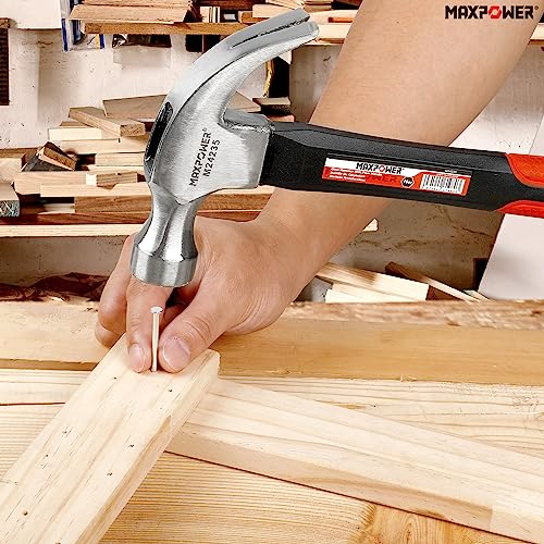 MAXPOWER 16Oz Fibreglass Shaft Claw Hammer with 75PCs Hardware Nail Kit for Pulling Nails or Woodworking