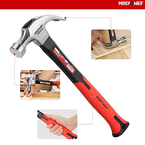 MAXPOWER 16Oz Fibreglass Shaft Claw Hammer with 75PCs Hardware Nail Kit for Pulling Nails or Woodworking