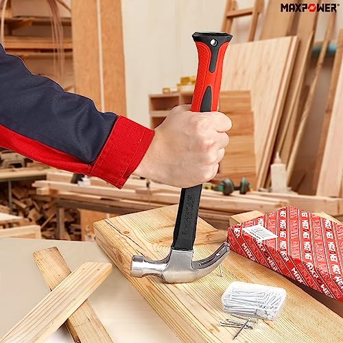 MAXPOWER 16Oz Fibreglass Shaft Claw Hammer with 75PCs Hardware Nail Kit for Pulling Nails or Woodworking