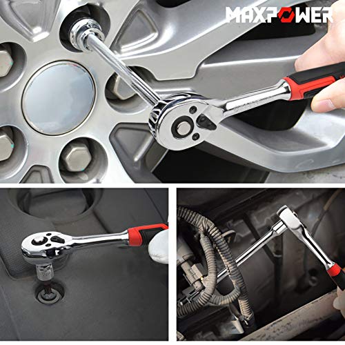 MAXPOWER 12-Pieces Metric Drive Socket Set with 72-Teeth 1/4'' Quick-Release Ratchet Wrench Handle, 6”/150mm Extension Bar and Organizer Rack Included