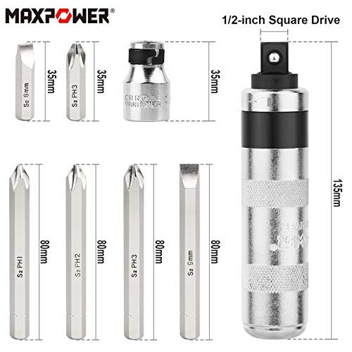 Impact Screwdriver Set, MAXPOWER 8PCs Reversible Manual Hand Impact Driver Kit with Detachable 1/2-Inch Square Drive, Phillips Bits and Slotted Bit