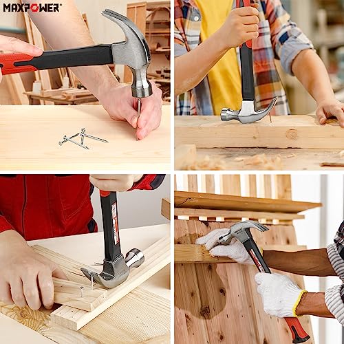 MAXPOWER 16Oz Fibreglass Shaft Claw Hammer with 75PCs Hardware Nail Kit for Pulling Nails or Woodworking