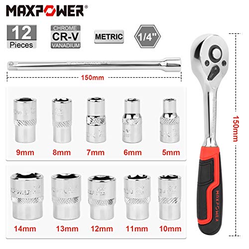 MAXPOWER 12-Pieces Metric Drive Socket Set with 72-Teeth 1/4'' Quick-Release Ratchet Wrench Handle, 6”/150mm Extension Bar and Organizer Rack Included