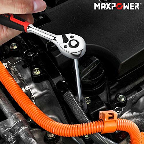 MAXPOWER 12-Pieces Metric Drive Socket Set with 72-Teeth 1/4'' Quick-Release Ratchet Wrench Handle, 6”/150mm Extension Bar and Organizer Rack Included