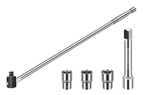 1/2-Inch Drive Breaker Bar with Socket Set, MAPOWER 600mm Breaker Bar with 125mm Extension Bar and 17mm, 19mm, 21mm Socket