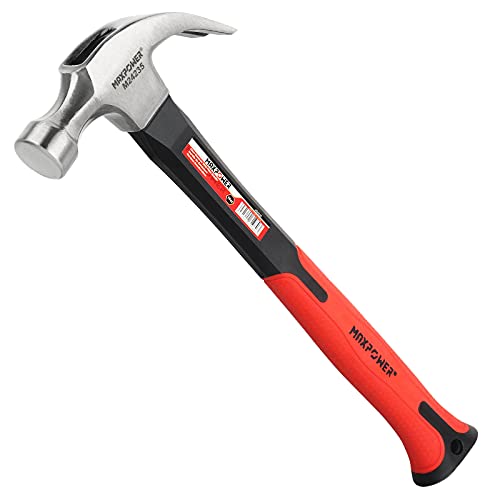 16Oz Claw Hammer, MAXPOWER Curved Rip Framing Hammer Carpenter Hammer Engineers Hammer for Pulling Nails or Woodworking - Polished Carbon Steel with Fibreglass Shaft, 16Oz/450g