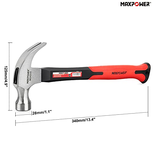 16Oz Claw Hammer, MAXPOWER Curved Rip Framing Hammer Carpenter Hammer Engineers Hammer for Pulling Nails or Woodworking - Polished Carbon Steel with Fibreglass Shaft, 16Oz/450g