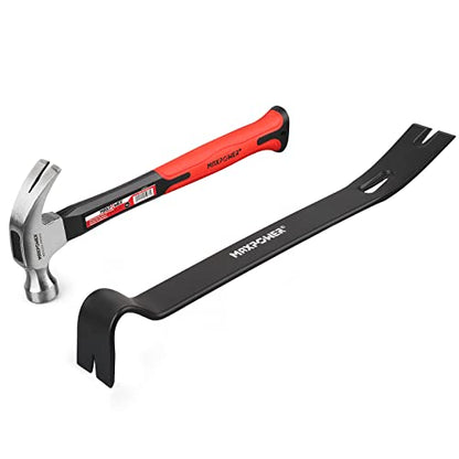 Claw Bar Set, MAXPOWER 8Oz Curved Claw Hammer with Fiberglass Handle and 380mm/15-Inch Flat Crowbar