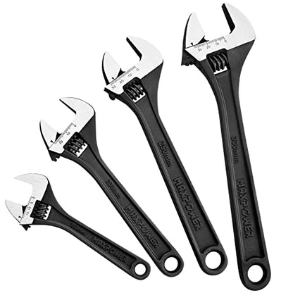 MAXPOWER Adjustable Spanner Set, 4PCs Adjustable Wrench Set, Black - 150mm, 200mm, 250mm and 300mm