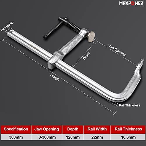 MAXPOWER Pack of 4 F Clamps, 300mm x 120mm Metal Welding Clamps Depth Heavy Duty F-Clamps Bar Clamps Woodworking Tools- 300mm(12-Inch) x 120mm(4-3/4-Inch)