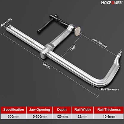 F Clamps 2PCs, MAXPOWER Metal Welding Clamps 300 x 120mm Depth Heavy Duty F-Clamps Woodworking Bar Clamps Tools (12-Inch x 4-3/4-Inch Depth)