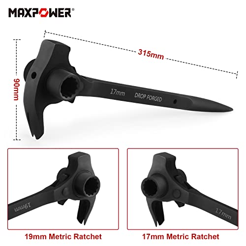 MAXPOWER Claw Hammer with 17mm x 19mm Scaffold Ratchet Spanner, Podger Spanner, Pry Bar and Nail Puller Function