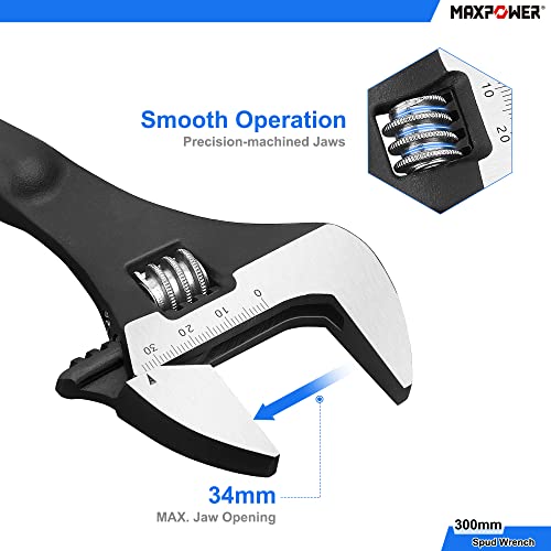 MAXPOWER Adjustable Spud Spanner Set, Adjustable Wrenches with 300mm Adjustable Spud Wrench & 400mm Reversible Jaw Adjustable Spanner with Hammer & Pipe Wrench Function