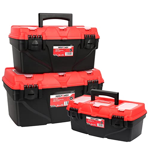 Tool Boxes, MAXPOWER 3PCs Empty Toolboxes Set Plastic Tool Box Storage Case Organizer with Removable Tray - 13”/15”/17”
