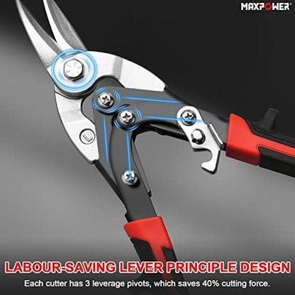 Tin Snips Set 3PCs, MAPOWER 40% Labour-Saving Aviation Snips Set Metal Sheet Snips - Double Leverage Deisgn