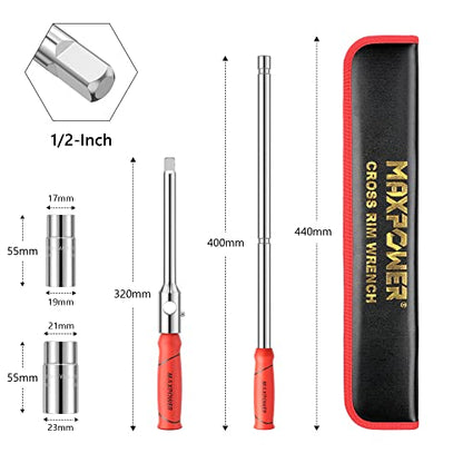 MAXPOWER Car Wheel Brace Wrench, Detachable Lug Wrench Rapid Cross Wheel Brace Wrench with 1/2-Inch Drive - 2PCs Sockets Size (17mm/19mm & 21mm/23mm)