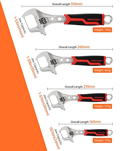 MAXPOWER Adjustable Spanner Set, 4PCs Adjustable Wrench Set Multifunctional Pipe Wrench with Reversible Wide Opening Jaw (6"/150mm, 8"/200mm, 10"/250mm and 12"/300mm)