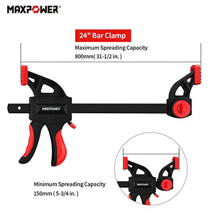 Bar Clamps Set 4PCs, MAXPOWER 24”/600mm Quick Grip Ratchet F Clamps, 31-1/2”/800mm Spreader Clamp, Quick Release and One-Handed Clamp Set for Woodworking and DIY Projects