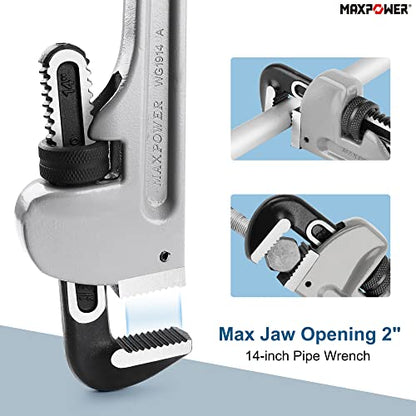 MAXPOWER Pipe Wrench 14Inch/350mm, Aluminum Straight Pipe Wrench Heavy Duty Plumbing Wrench