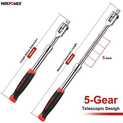 MAXPOWER Extendable Breaker Bar, Telescopic Breaker Bar 360°Flex Head Cheater Bar with Dual Drive 1/2 Inch & 3/8 Inch, 340mm-485mm Length Adjustment