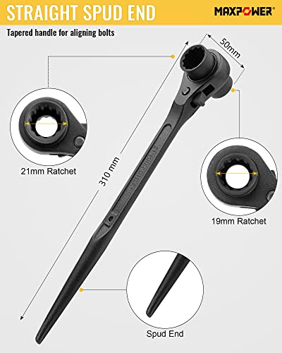 MAXPOWER Spud Ratchet Set 2PCs, Straight Spud Scaffold Spanner Wrench 19mm x 21mm & Offset Spud Ratchet Podger Spanner 17mm x 19mm