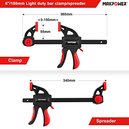 Carpenter Clamps 2 Pieces, MAXPOWER 150mm One Hand Bar Clamps Screw Clamp Stretch Range 340mm Max Clamping Force 100kg