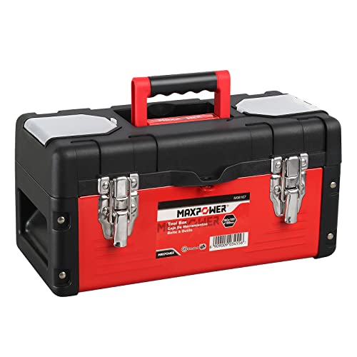 Metal Tool Box 14 inch, MAXPOWER Small Tool Box Hand Tools Storage Box with Removable Tray, Handle and Plastic Lid