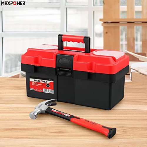 MAXPOWER 14-Inch Plastic Tool Box & 8Oz Curved Claw Hammer with Fiberglass Handle