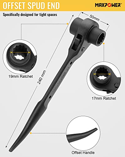 MAXPOWER Spud Ratchet Set 2PCs, Straight Spud Scaffold Spanner Wrench 19mm x 21mm & Offset Spud Ratchet Podger Spanner 17mm x 19mm