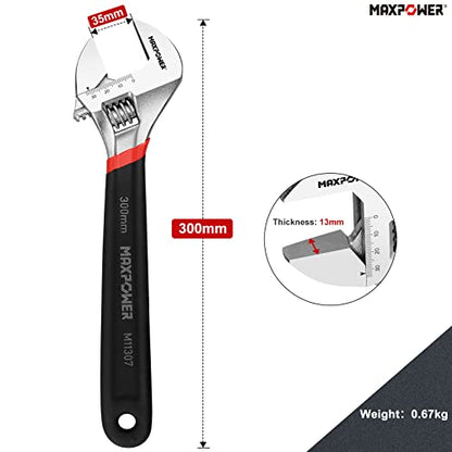 MAXPOWER Adjustable Spanner 300mm, Adjustable Wrench Shifter Spanners with Soft Grip and Dual Scale SAE and Metric