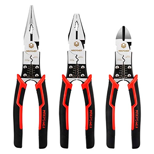 Multi-Purpose Pliers Set, MAXPOWER 5-in-1 Pliers Included 220mm Combination Pliers, 235mm Long Nose Pliers and 200mm Side-Cutting Pliers