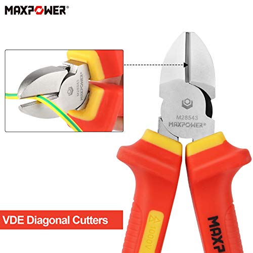 VDE Pliers Set 1000V, MAXPOWER 4PCs Electricians Pliers Set Included Insulated Combination Pliers, Diagonal Cutting Pliers, Long Nose Pliers Pliers and Insulated Wire Stripper