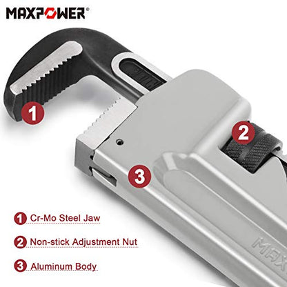 MAXPOWER Pipe Wrench 30-Inch, 760mm/30” Aluminum Straight Pipe Wrench Stillson Heavy Duty Plumbing Wrench Pipe Spanner for Plumber