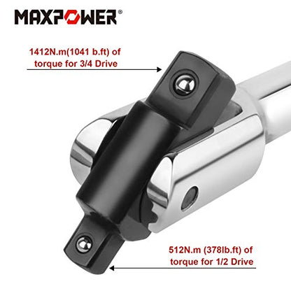 MAXPOWER Breaker Bar, 2 in 1 Breaker Bar Wheel Nut Spanner Flexible Handle with Dual-Drive with 1/2" and 3/4" Nut Drivers, (24"/600mm)