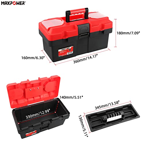 MAXPOWER 14-Inch Plastic Tool Box & 8Oz Curved Claw Hammer with Fiberglass Handle