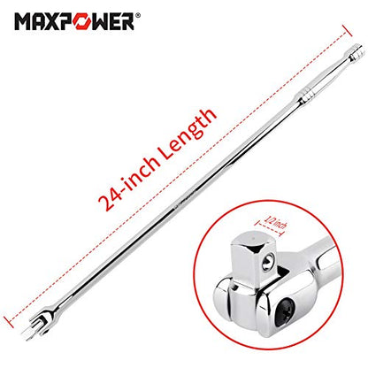 MAXPOWER 1/2 Breaker Bar, 1/2-Inch Sq Drive 600mm Breaker Bar Flex Handle, 600mm/24-Inch, Silver