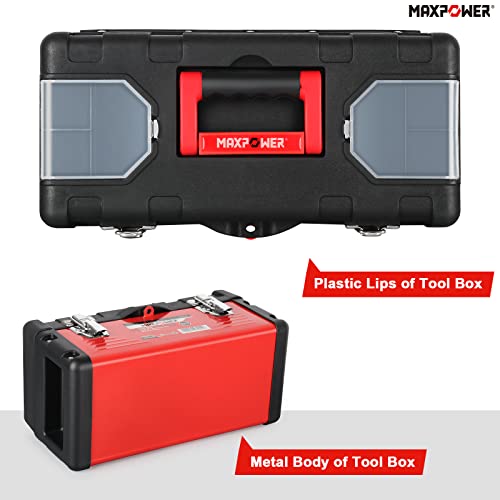 Metal Tool Box 14 inch, MAXPOWER Small Tool Box Hand Tools Storage Box with Removable Tray, Handle and Plastic Lid