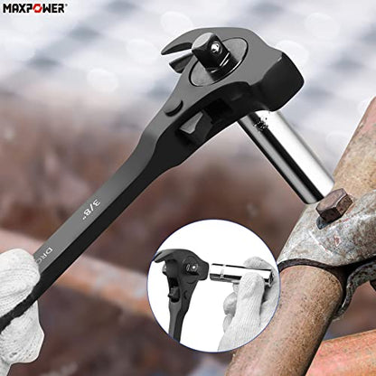 MAXPOWER 1/2" and 3/8" Drive Scaffold Spanner Ratchet Podger Spanner with Claw Hammer, Crowbar, Pry Bar and Nail Puller Function