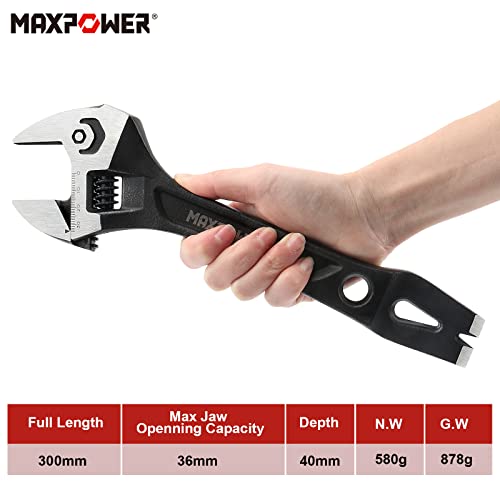 MAXPOWER Adjustable Wrench 300mm, 3-in-1 Cr-V Adjustable Spanner with Hammer Head and Pry Bar Crowbar Nail Puller Function