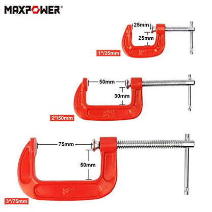 G Clamps for Woodwork, MAXPOWER 3PCs Metal G Clamp Set C-Clamps Set with Opening Capacity 25mm/50mm/75mm