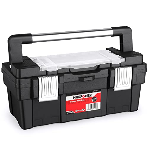 Long Handle Tool Box 16-Inch, MAXPOWER Portable Plastic Toolbox Tool Storage Organiser with Removable Tray, Long Stainless Steel Handle & Double Metal Latch - Rated up to 33 Lbs