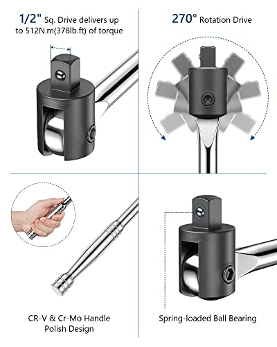 1/2-Inch Drive Breaker Bar with Socket Set, MAPOWER 600mm Breaker Bar with 125mm Extension Bar and 17mm, 19mm, 21mm Socket