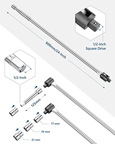 1/2-Inch Drive Breaker Bar with Socket Set, MAPOWER 600mm Breaker Bar with 125mm Extension Bar and 17mm, 19mm, 21mm Socket