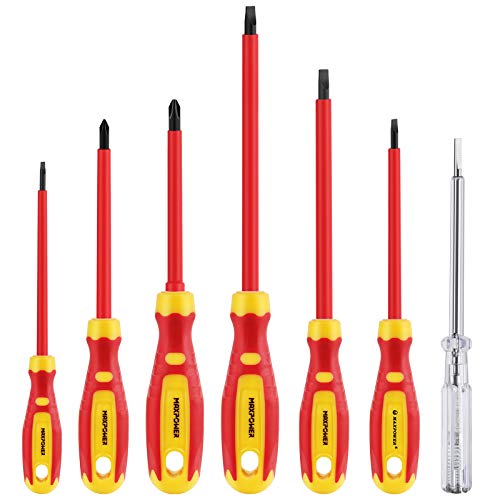 VDE Screwdriver, MAXPOWER VDE Insulated Blade Screwdrivers Set for Electrician with Safety Tester, Magnetic Phillips and Slotted Bits Screwdriver (7 Pieces)