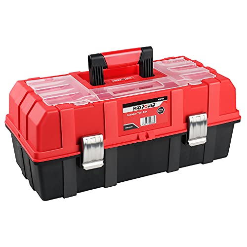 Tool Box 17-Inch, MAXPOWER Lightweight Cantilever Tool Box Organiser Plastic Storage Folding Toolbox with Three-Layer Cantilever Tray and Dividers