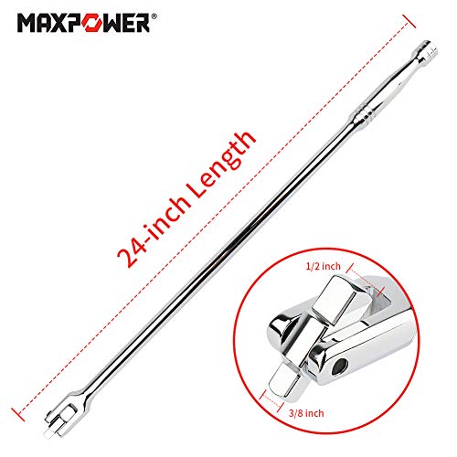 MAXPOWER 2 in 1 Breaker Bar Wheel Nut Spanner Flexible Handle Dual-Drive with 1/2" and 3/8" Nut Sq. Drivers, (24"/600mm)